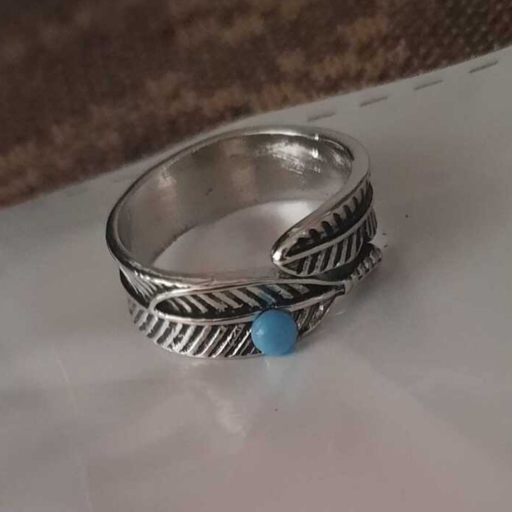 Silver Feather Ring with Blue Accent
